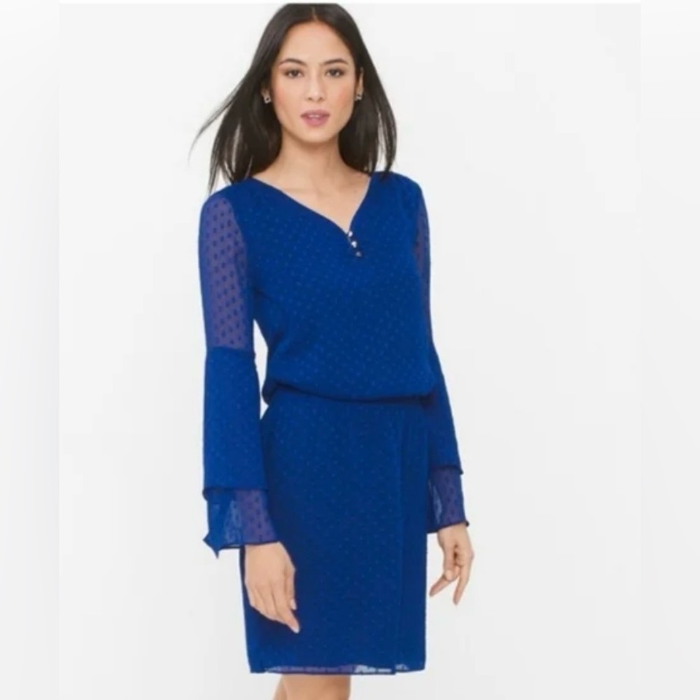 White House Black Market Blue Swiss Dot Smock Waist Blouson Dress 00
